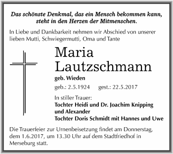 Traueranzeige von Maria Lautzschmann von WVG - Wochenspiegel Merseburg