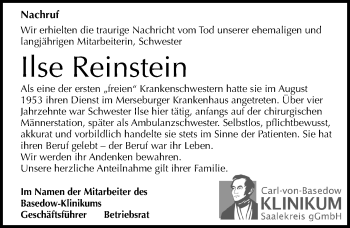 Traueranzeige von Ilse Reinstein von Mitteldeutsche Zeitung Merseburg/Querfurt