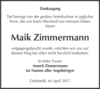 Traueranzeige von Maik Zimmermann von Wochenspiegel Mansfelder Land
