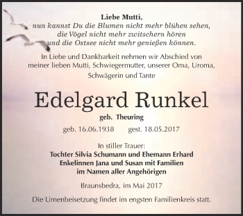 Traueranzeige von Edelgard Runkel von WVG - Wochenspiegel Merseburg