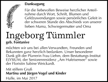 Traueranzeige von Ingeborg Tümmler von Mitteldeutsche Zeitung Halle/Saalkreis