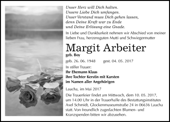 Traueranzeige von Margit Arbeiter von Mitteldeutsche Zeitung Naumburg/Nebra