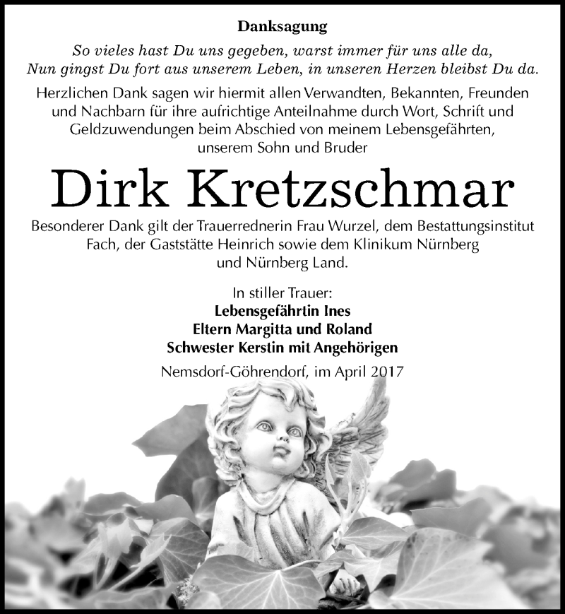  Traueranzeige für Dirk Kretzschmar vom 05.05.2017 aus Mitteldeutsche Zeitung Halle/Saalkreis