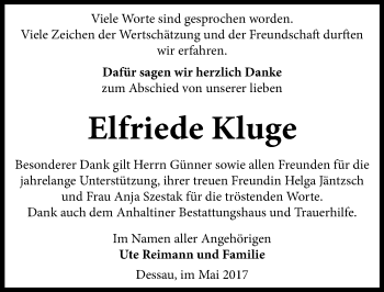 Traueranzeige von Elfriede Kluge von Mitteldeutsche Zeitung Dessau-Roßlau