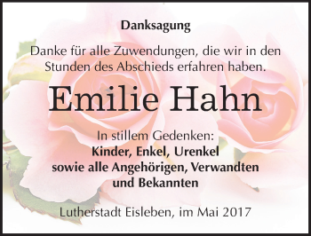 Traueranzeige von Emilie Hahn von Mitteldeutsche Zeitung Mansfelder Land