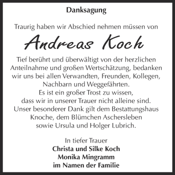 Traueranzeige von Andreas Koch von Super Sonntag Aschersleben