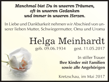 Traueranzeige von Helga Meinhardt von Mitteldeutsche Zeitung Zeitz