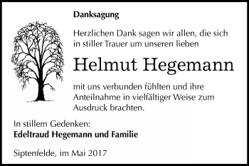 Traueranzeige von Helmut Hegemann von WVG - Wochenspiegel Quedlinburg