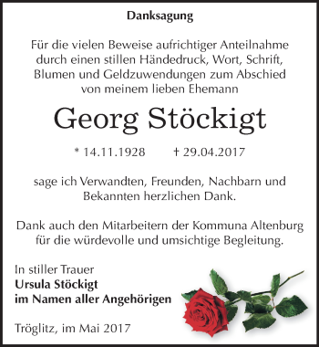 Traueranzeige von Georg Stöckigt von Mitteldeutsche Zeitung Zeitz