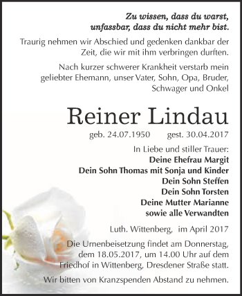Traueranzeige von Reiner Lindau von WVG - Wochenspiegel Wittenberg