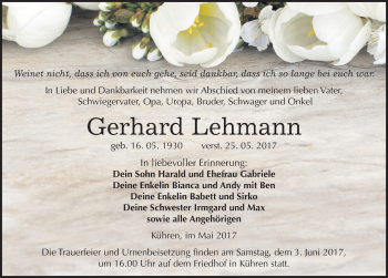 Traueranzeige von Gerhard Lehmann von Mitteldeutsche Zeitung Köthen