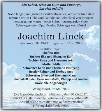 Traueranzeige von Joachim Linck von Mitteldeutsche Zeitung Weißenfels