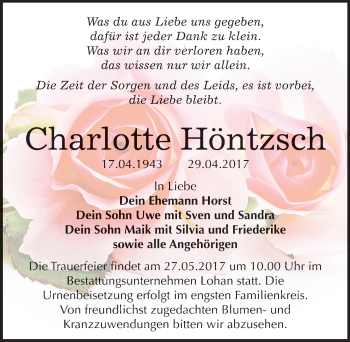 Traueranzeige von Charlotte Höntzsch von Mitteldeutsche Zeitung Bitterfeld