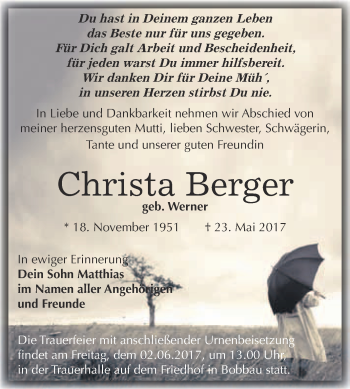 Traueranzeige von Christa Berger von WVG - Wochenspiegel Bitterfeld