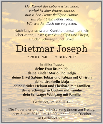 Traueranzeige von Dietmar Joseph von Mitteldeutsche Zeitung Mansfelder Land