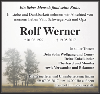 Traueranzeige von Rolf Werner von WVG - Wochenspiegel Dessau / Köthen