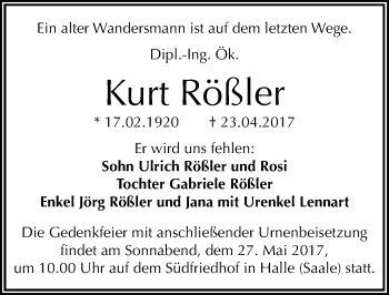 Traueranzeige von Kurt Rößler von Mitteldeutsche Zeitung Halle/Saalkreis