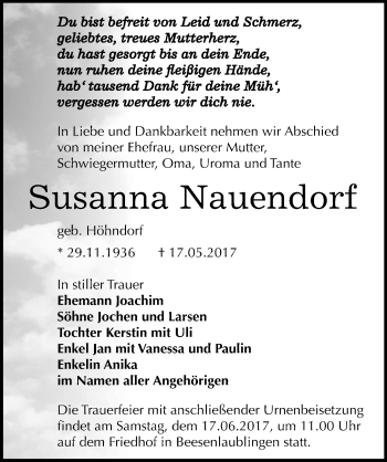 Traueranzeige von Susanna Nauendorf von Mitteldeutsche Zeitung Bernburg