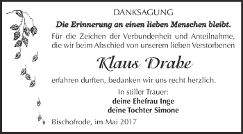 Traueranzeige von Klaus Drabe von Wochenspiegel Mansfelder Land