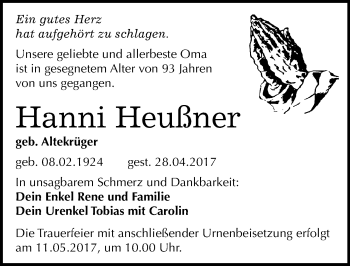 Traueranzeige von Hanni Heußner von Mitteldeutsche Zeitung Wittenberg