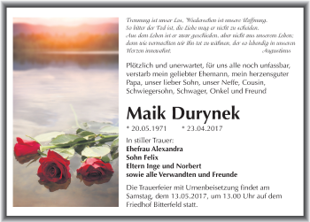 Traueranzeige von Maik Durynek von Mitteldeutsche Zeitung Bitterfeld