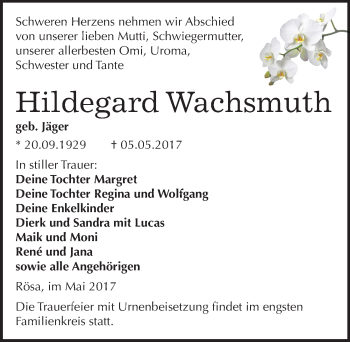 Traueranzeige von Hildegard Wachsmuth von Mitteldeutsche Zeitung Bitterfeld