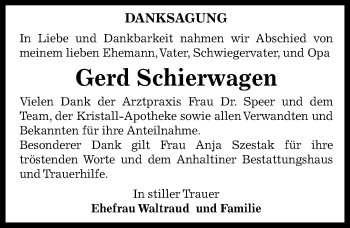 Traueranzeige von Gerd Schierwagen von Mitteldeutsche Zeitung Dessau-Roßlau
