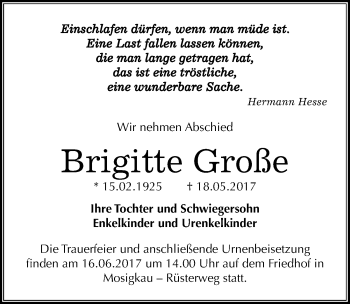 Traueranzeige von Brigitte Große von Mitteldeutsche Zeitung Köthen