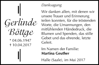 Traueranzeige von Gerlinde Böttge von Mitteldeutsche Zeitung Halle/Saalkreis