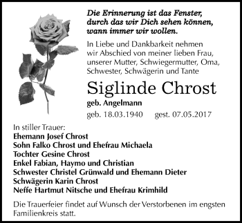 Traueranzeige von Siglinde Chrost von Mitteldeutsche Zeitung Halle/Saalkreis