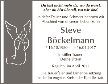 Traueranzeige von Steve Böckelmann von WVG - Wochenspiegel Dessau / Köthen