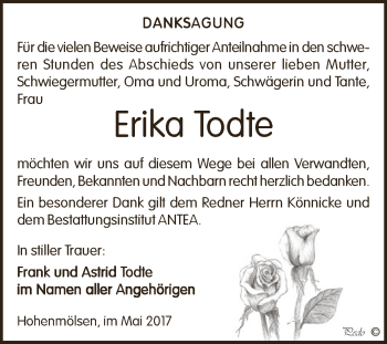 Traueranzeige von Erika Todte von WVG - Wochenspiegel NMB / WSF / ZTZ