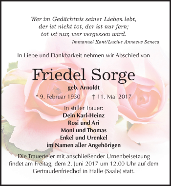 Traueranzeige von Friedel Sorge von Mitteldeutsche Zeitung Halle/Saalkreis