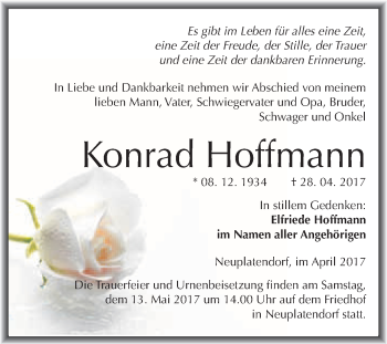 Traueranzeige von Konrad Hoffmann von WVG - Wochenspiegel Quedlinburg