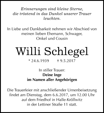 Traueranzeige von Willi Schlegel von Mitteldeutsche Zeitung Halle/Saalkreis