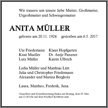 Traueranzeige von Anita Müller von Mitteldeutsche Zeitung Halle/Saalkreis