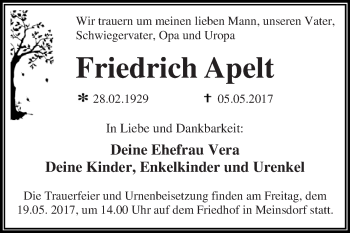 Traueranzeige von Friedrich Apelt von WVG - Wochenspiegel Dessau / Köthen