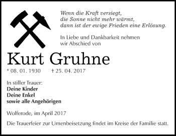 Traueranzeige von Kurt Gruhne von Wochenspiegel Mansfelder Land