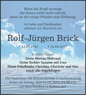 Traueranzeige von Rolf-Jürgen Brick von WVG - Wochenspiegel Bitterfeld
