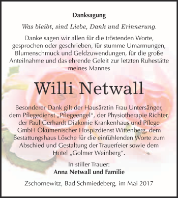 Traueranzeige von Willi Netwall von WVG - Wochenspiegel Wittenberg