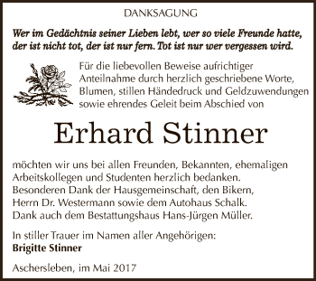 Traueranzeige von Erhard Stinner von Super Sonntag Aschersleben