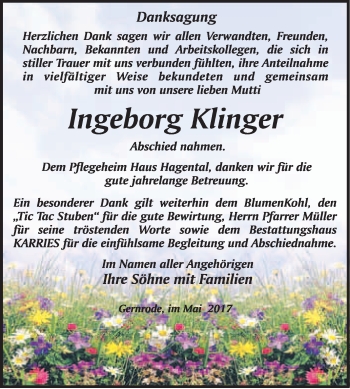 Traueranzeige von Ingeborg Klinger von WVG - Wochenspiegel Quedlinburg