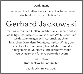 Traueranzeige von Gerhard Jackowski von WVG - Wochenspiegel Bitterfeld