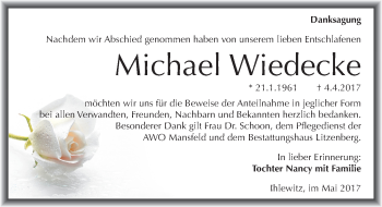 Traueranzeige von Michael Wiedecke von Mitteldeutsche Zeitung Mansfelder Land