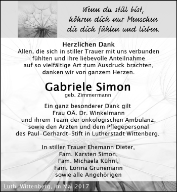 Traueranzeige von Gabriele Simon von Mitteldeutsche Zeitung Wittenberg