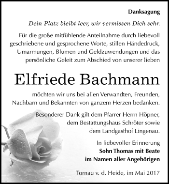 Traueranzeige von Elfriede Bachmann von Mitteldeutsche Zeitung Bitterfeld