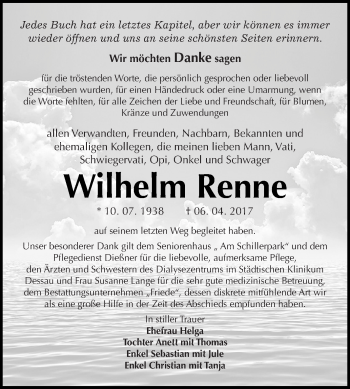 Traueranzeige von Wilhelm Renne von WVG - Wochenspiegel Dessau / Köthen