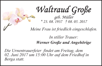 Traueranzeige von Waltraud Große von Mitteldeutsche Zeitung Sangerhausen