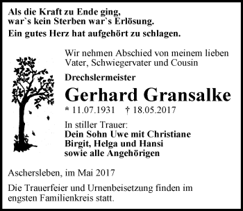 Traueranzeige von Gerhard Gransalke von Mitteldeutsche Zeitung Aschersleben