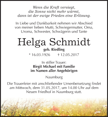 Traueranzeige von Helga Schmidt von Mitteldeutsche Zeitung Naumburg/Nebra